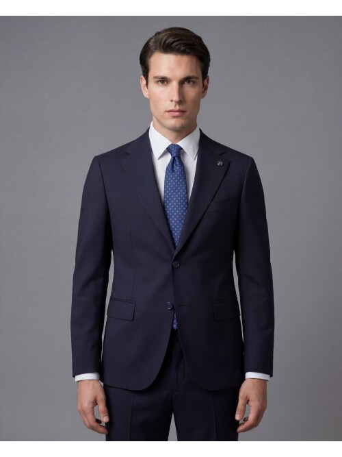 Lacivert Mono Yaka İki Düğmeli Slim Fit Takım Elbise