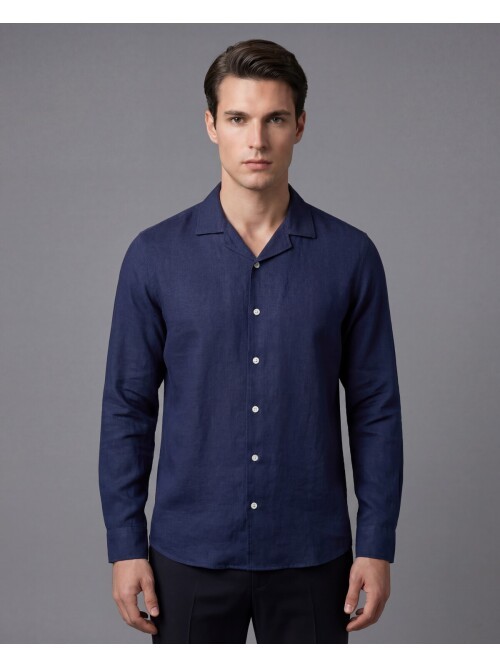Lacivert Regular Kalıp %100 Keten Uzun Kollu Gömlek