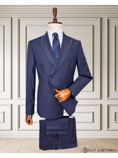 Navy Blue Peak Lapel Double-Breasted Suit with Pick Stitching