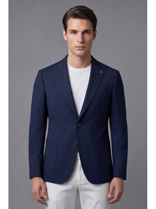 Navy Blue Peak Lapel Patch Pocket Comfort Fit Blazer