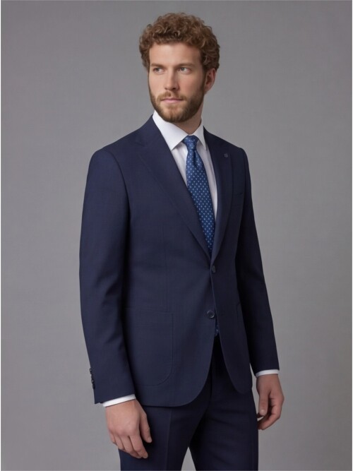 Navy Blue Slim Fit Notch Lapel Suit with Patch Pockets