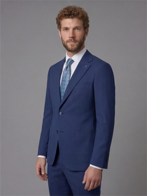 Slim Fit Navy Blue Notch Lapel Suit with Patch Pockets