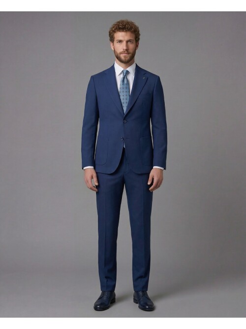 Slim Fit Navy Blue Notch Lapel Suit with Patch Pockets