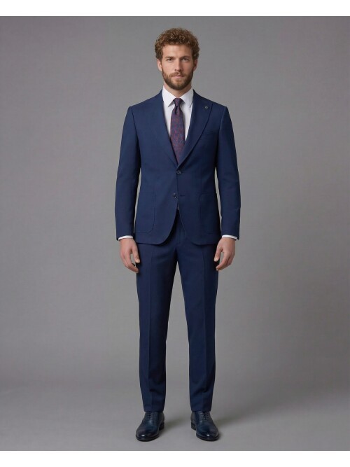 Navy Blue Slim Fit Peak Lapel Patch Pocket Mens Suit