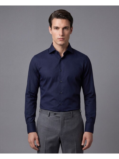 Lacivert Slim Fit Uzun Kollu Klasik Yaka Gömlek