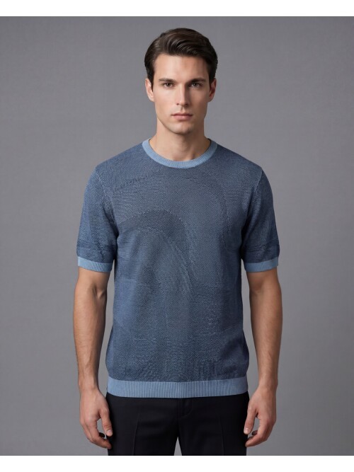 Blue Crew Neck Textured Short Sleeve Knit T-Shirt