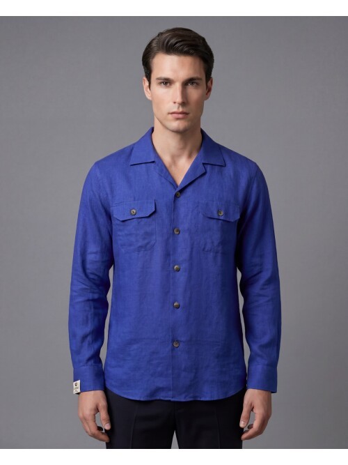 Mavi Keten Kapaklı Cep Regular Fit Uzun Kollu Gömlek