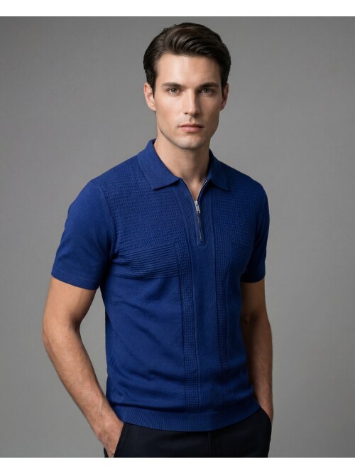 Royal Blue Zip-Up Polo Neck Textured Knit T-Shirt