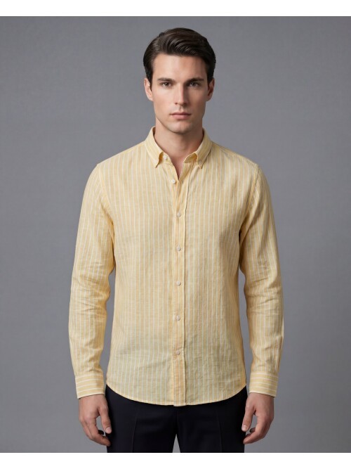 Sarı Regular Kalıp Desenli Uzun Kollu Erkek Gömlek