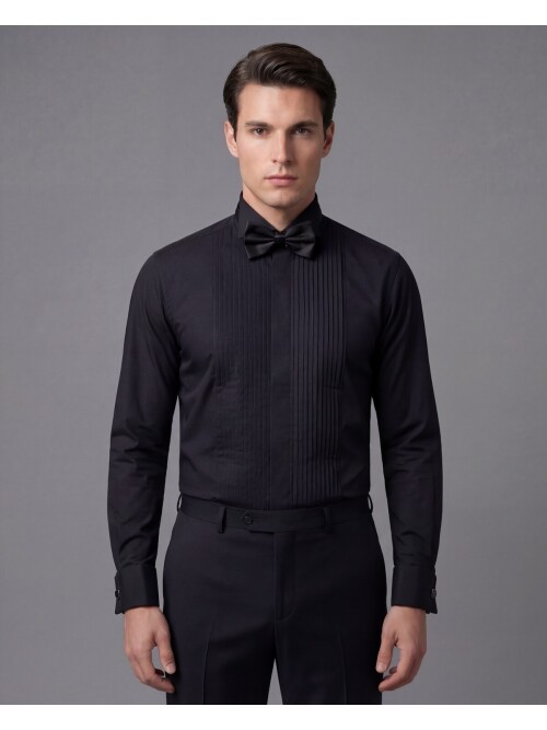 Siyah Ata Yaka İnce Piliseli Damatlık Gömlek