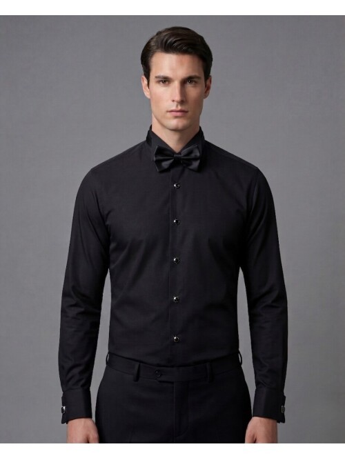 Siyah Ata Yaka Metal Düğmeli Damatlık Gömlek