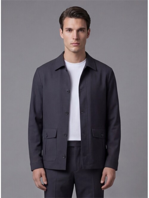 Siyah Gömlek Yaka Düğmeli Torba Cepli Takım