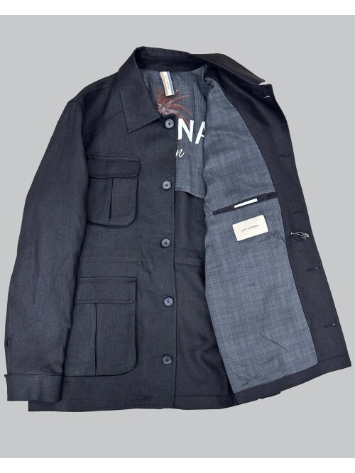 Siyah Keten Safari Model Dört Cepli Takım Elbise