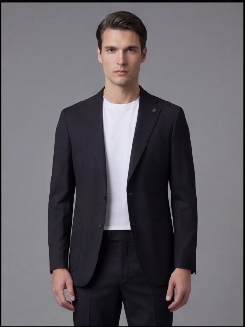 Siyah Mono Yaka Comfort Fit Torba Cepli Takım Elbise