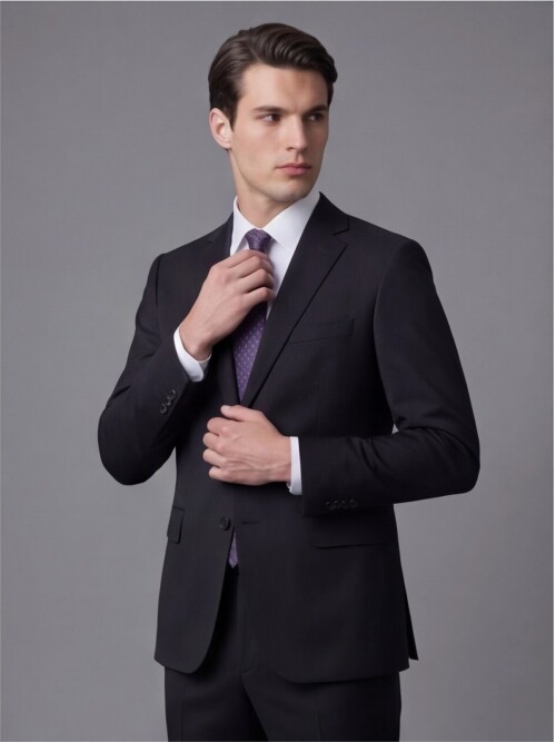 Siyah Mono Yaka İki Düğmeli Takım Elbise