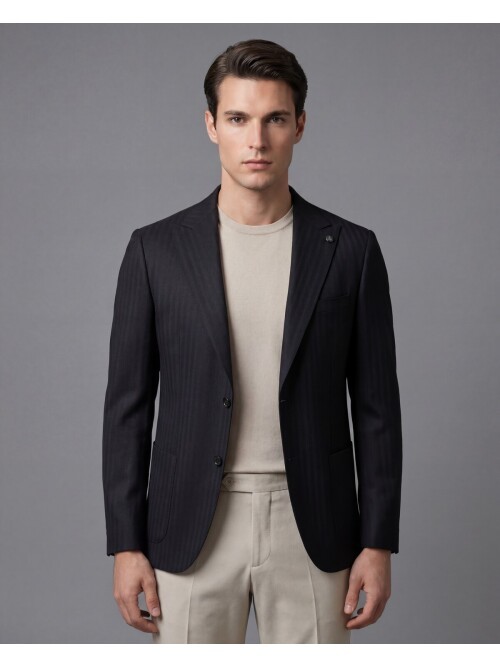 Black Peak Lapel Patch Pocket Comfort Fit Jacket