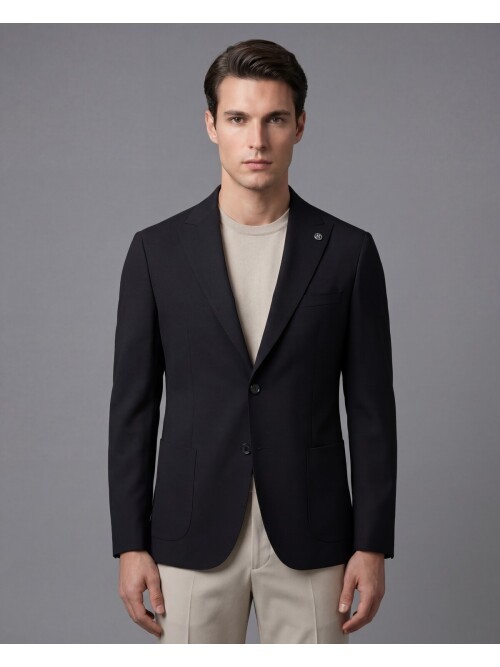 Black Peak Lapel Patch Pocket Comfort Fit Blazer