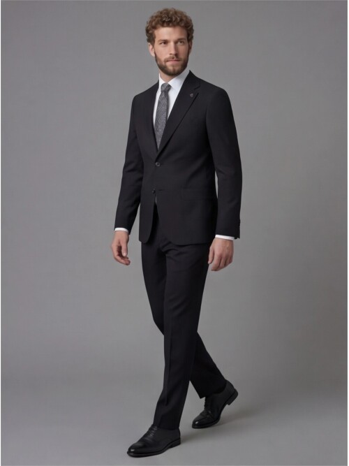Black Slim Fit Notch Lapel Suit with Patch Pockets