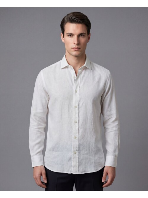 Bej Premium Keten Regular Fit Uzun Kollu Gömlek