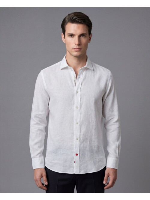Beyaz Premium Keten Regular Fit Uzun Kollu Gömlek