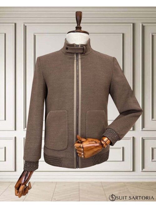 SUIT SARTORIA Mens Brown Stand Collar Zipper Jacket