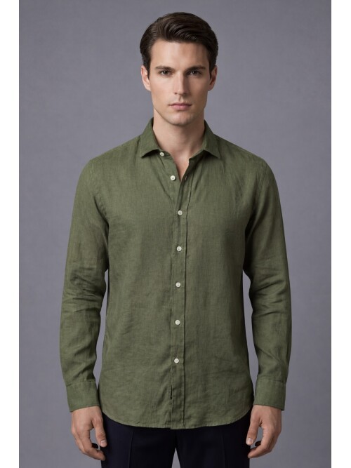 Haki Premium Keten Regular Fit Uzun Kollu Gömlek