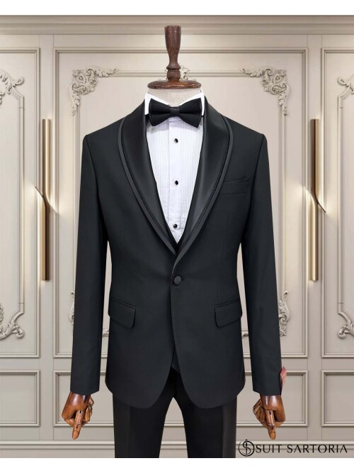 SUIT SARTORIA SİYAH ÇIKMA ŞAL YAKA DAMATLIK 5062