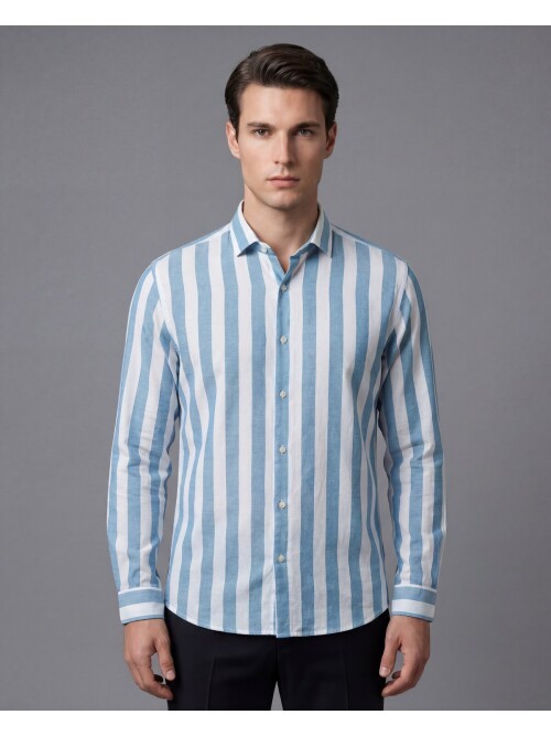 Yeşil Çizgili Regular Fit Uzun Kollu Gömlek