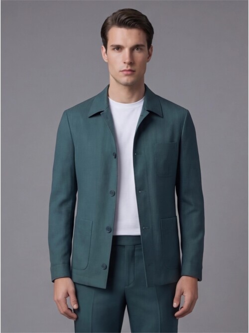 Yeşil Gömlek Yaka Düğmeli Torba Cepli Takım