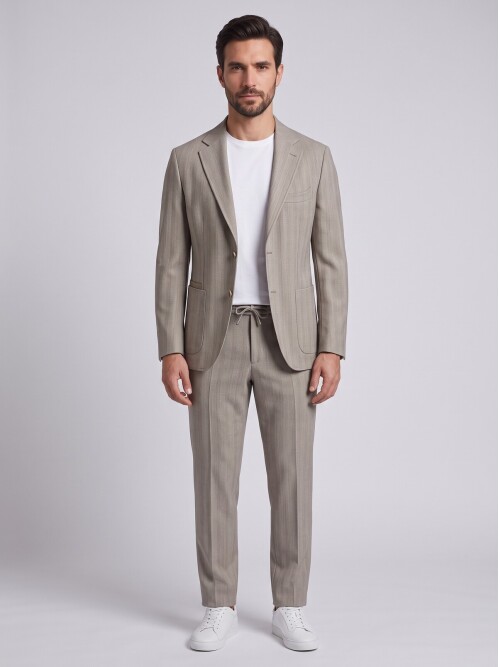Beige Smart Casual Jacket & Trousers Mens Set