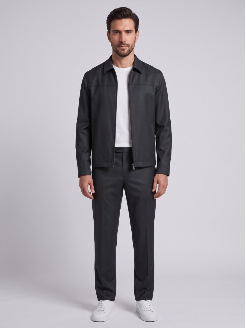 Black Minimal Zip-Up Jacket & Trousers Mens Set