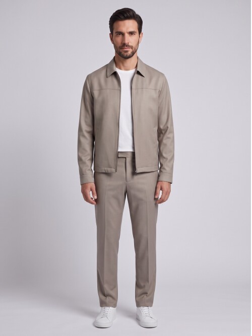 Beige Zip-Up Smart Casual Jacket & Trousers Mens Set