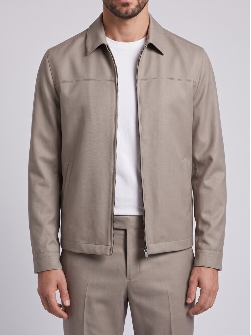 Beige Zip-Up Smart Casual Jacket & Trousers Mens Set