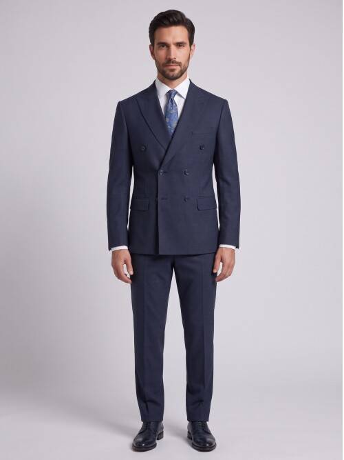 Navy Blue Double Breasted Comfort Fit Peak Lapel Suit