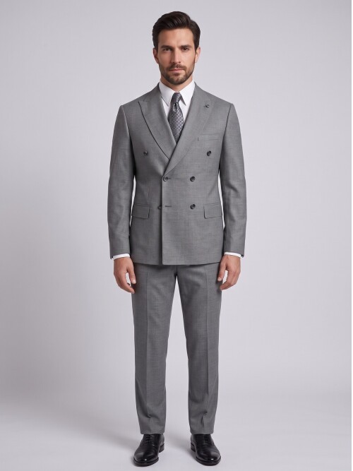 Light Grey Double Breasted Comfort Fit Peak Lapel Suit