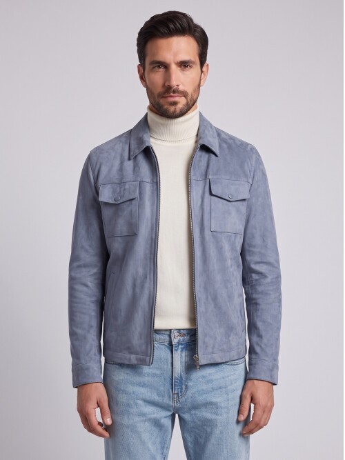 Açık Mavi Gömlek Yaka Fermuarlı Comfort Fit Erkek Ceket