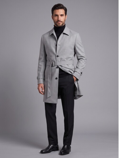 Light Grey Belted Mens Trench Coat