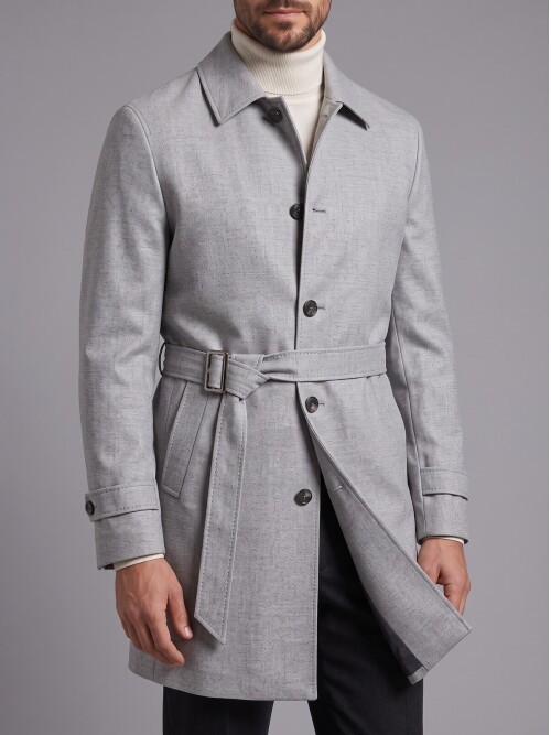 Light Grey Belted Mens Trench Coat