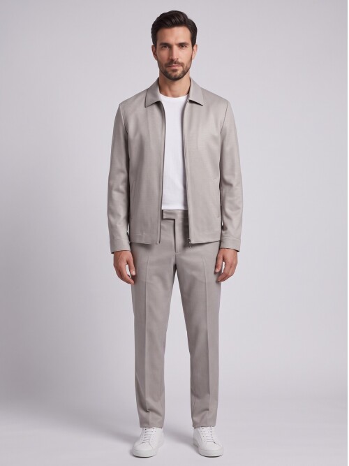 Light Beige Men’s Zip-Up Casual Two-Piece Set