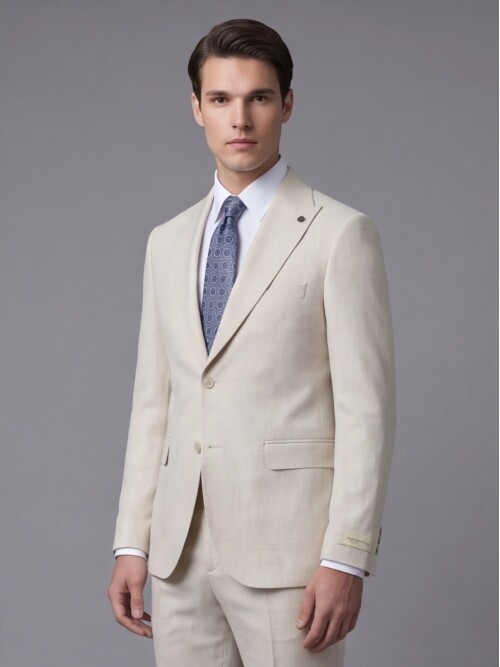 Açık Bej Sivri Yaka İki Düğmeli Slim Fit Takım Elbise