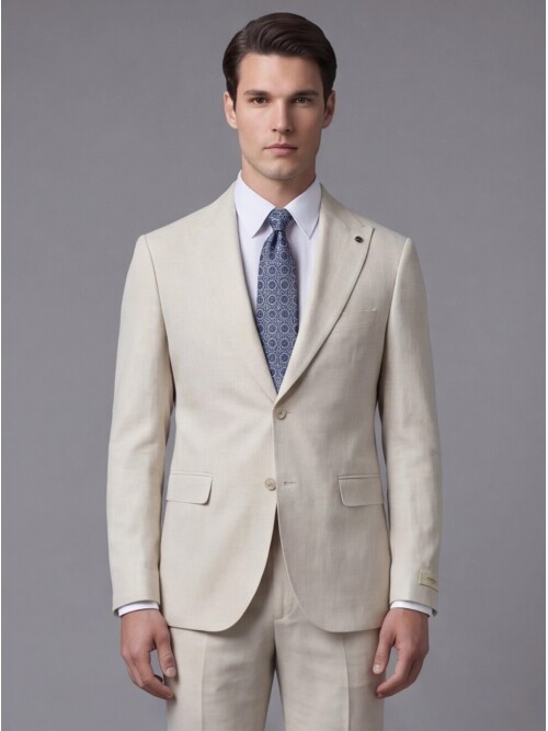 Açık Bej Sivri Yaka İki Düğmeli Slim Fit Takım Elbise