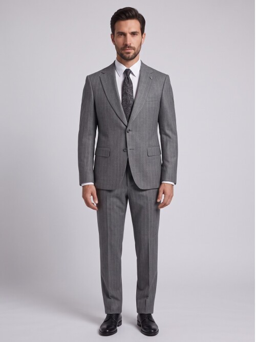 Light Grey Striped Regular Fit Peak Lapel Suit