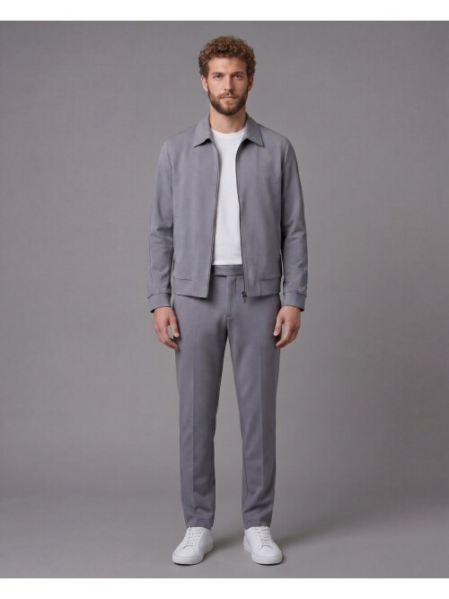 Açık Gri Gömlek Yaka Fermuarlı Comfort Fit Spor Takım Elbise