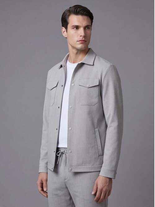 Açık Gri Gömlek Yaka Safari Cep Comfort Fit Spor Takım