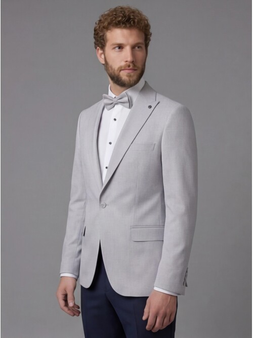 Light Grey Peak Lapel Comfort Fit Single Button Tuxedo Jacket & Navy Blue Trousers Suit Combination