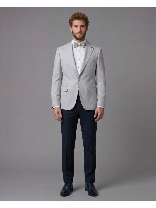 Light Grey Peak Lapel Comfort Fit Single Button Tuxedo Jacket & Navy Blue Trousers Suit Combination