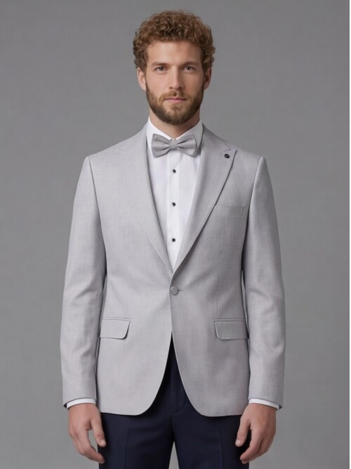 Light Grey Peak Lapel Comfort Fit Single Button Tuxedo Jacket & Navy Blue Trousers Suit Combination