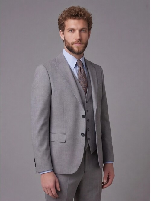 Açık Gri Sivri Yaka Çift Düğmeli Slim Fit Yelekli Takım Elbise