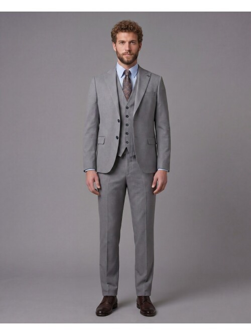 Açık Gri Sivri Yaka Çift Düğmeli Slim Fit Yelekli Takım Elbise