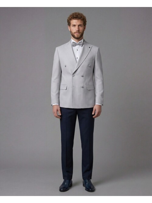 Light Grey Peak Lapel Double-Breasted Blazer & Navy Blue Trousers Combination Suit